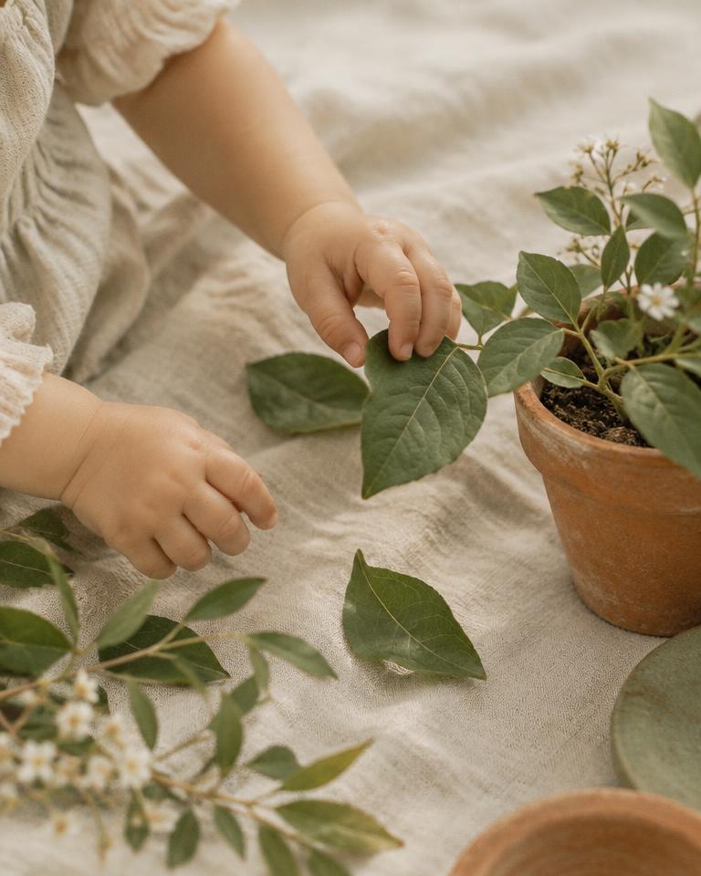 Little hands exploring green leaves